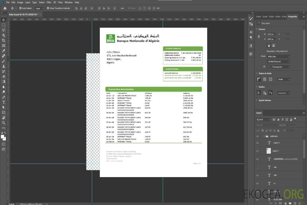 Algérie Relevé bancaire de la Banque nationale d’Algérie (BNA) template